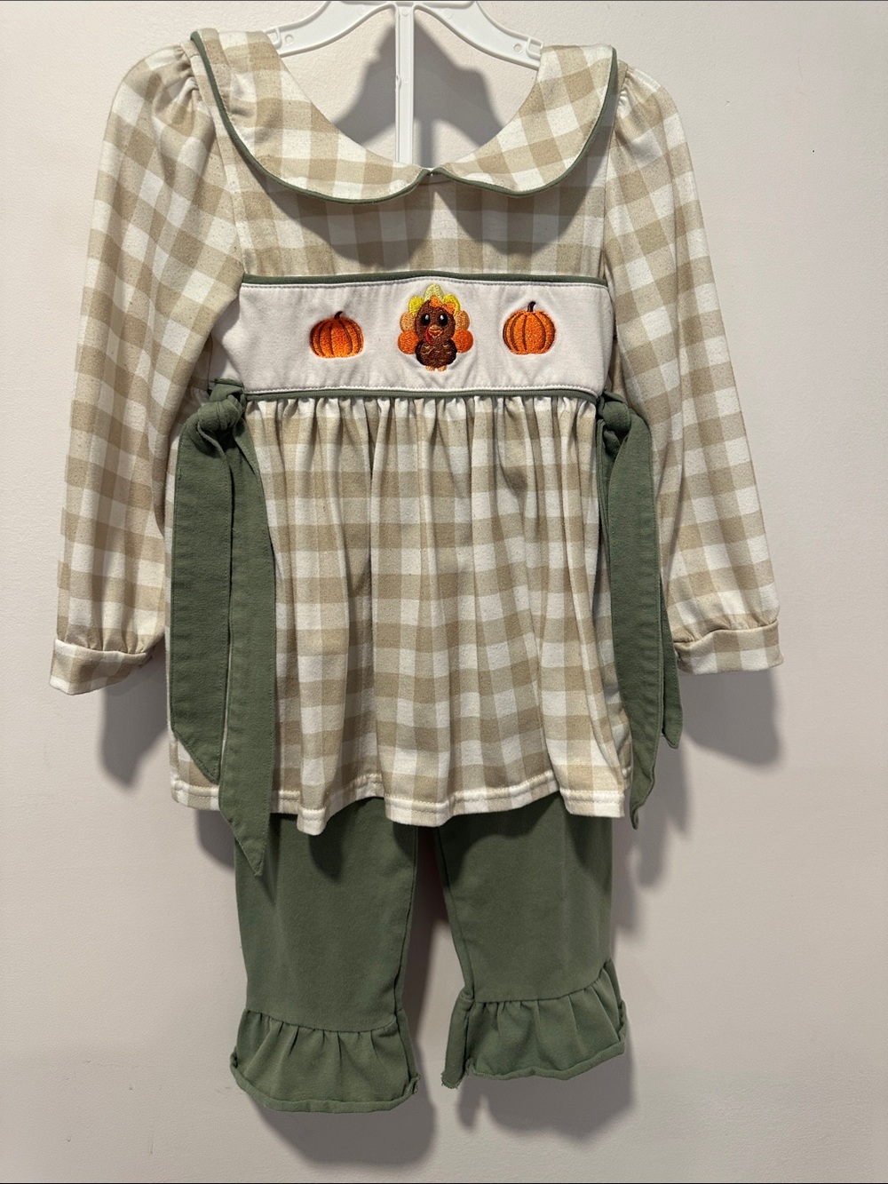 Plaid Pumpkin Turkey Kids Costume Set in Cream & Green